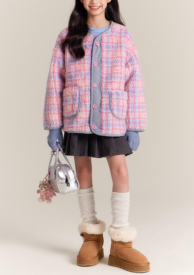 Girls Pink Plaid Sherpa Fleece Jacket Warm Winter Coat