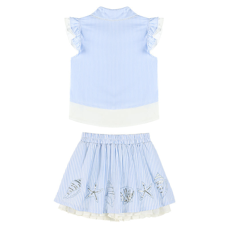 Girls Ruffle Sleeve Striped Blouse and Skirt Shorts