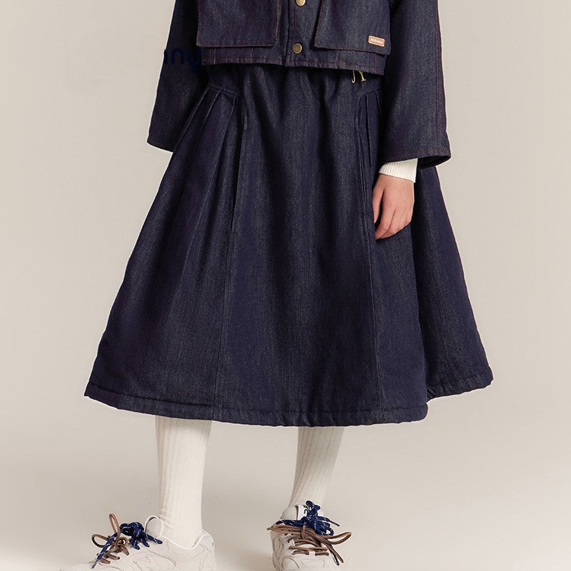 Girls Denim Jacket and Midi Skirt Outfit