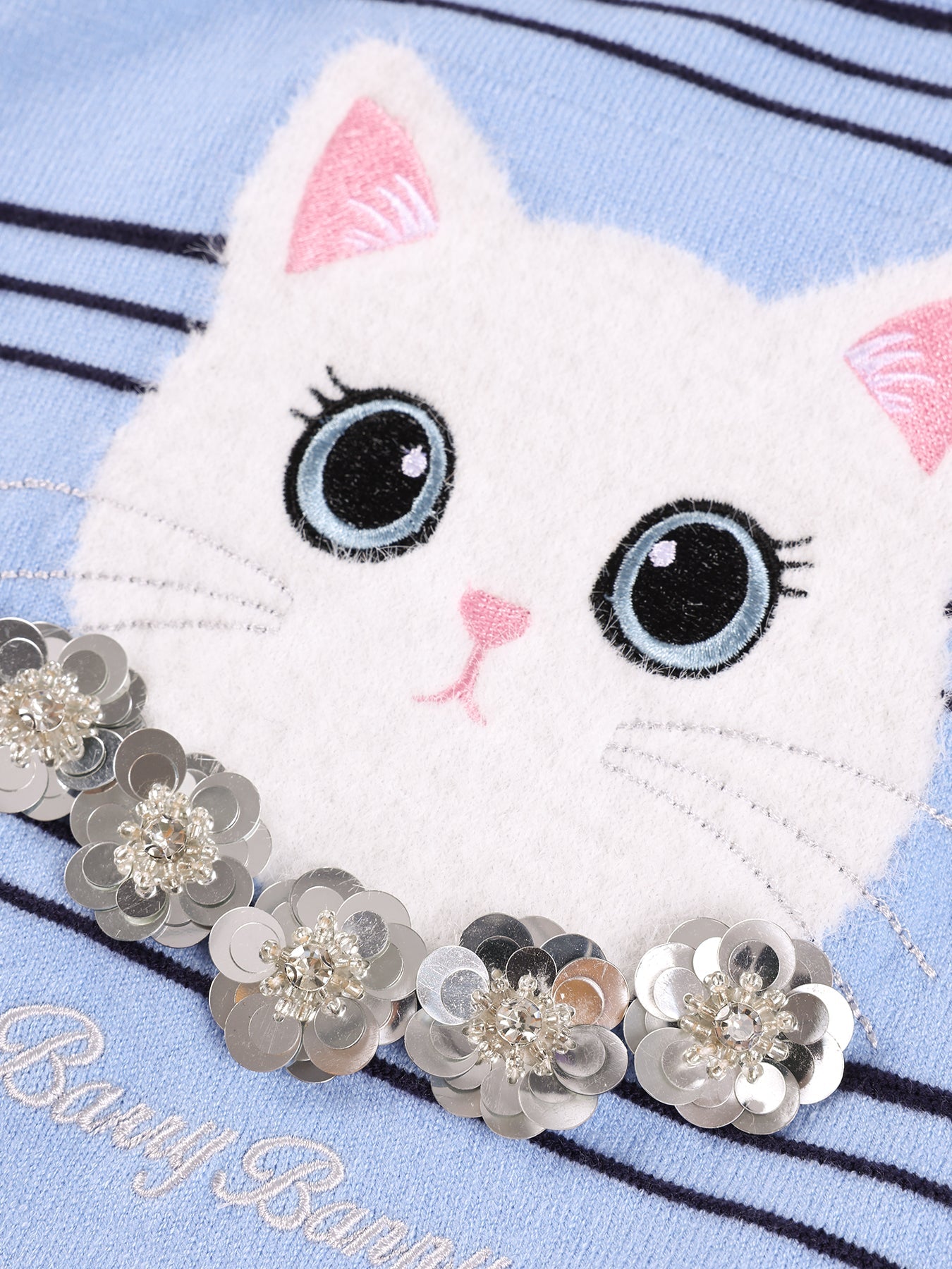 Girls Cartoon Cat Knit Top Short Sleeve Blue Tee