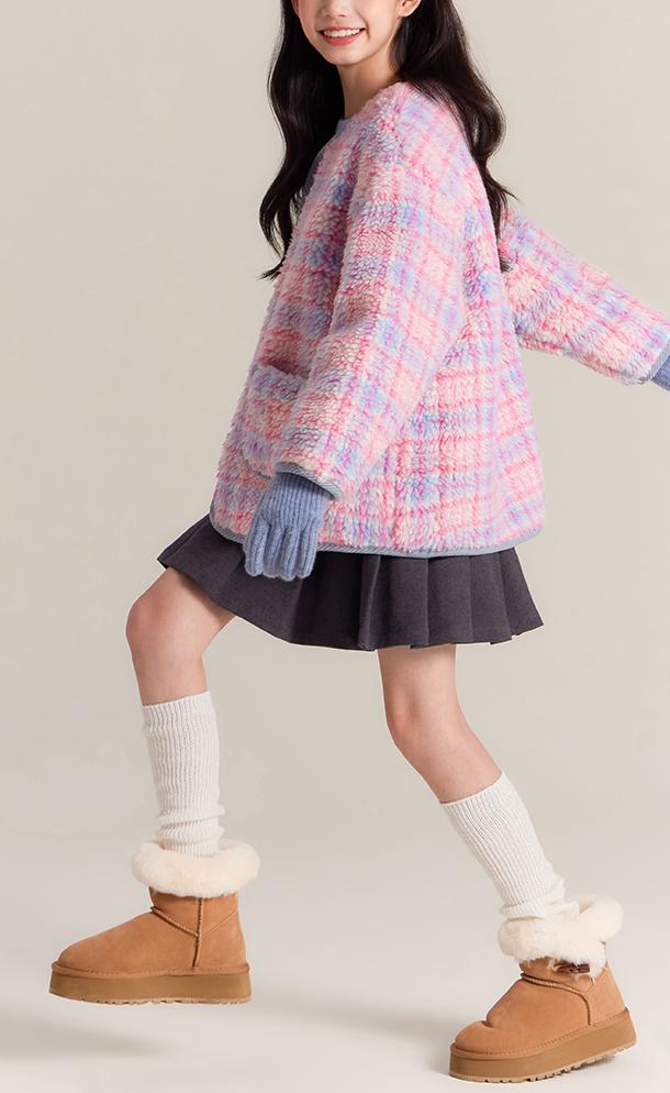 Girls Pink Plaid Sherpa Fleece Jacket Warm Winter Coat