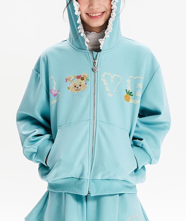 Girls Cartoon Hoodie and Lace Trim Shorts Two-Piece Set