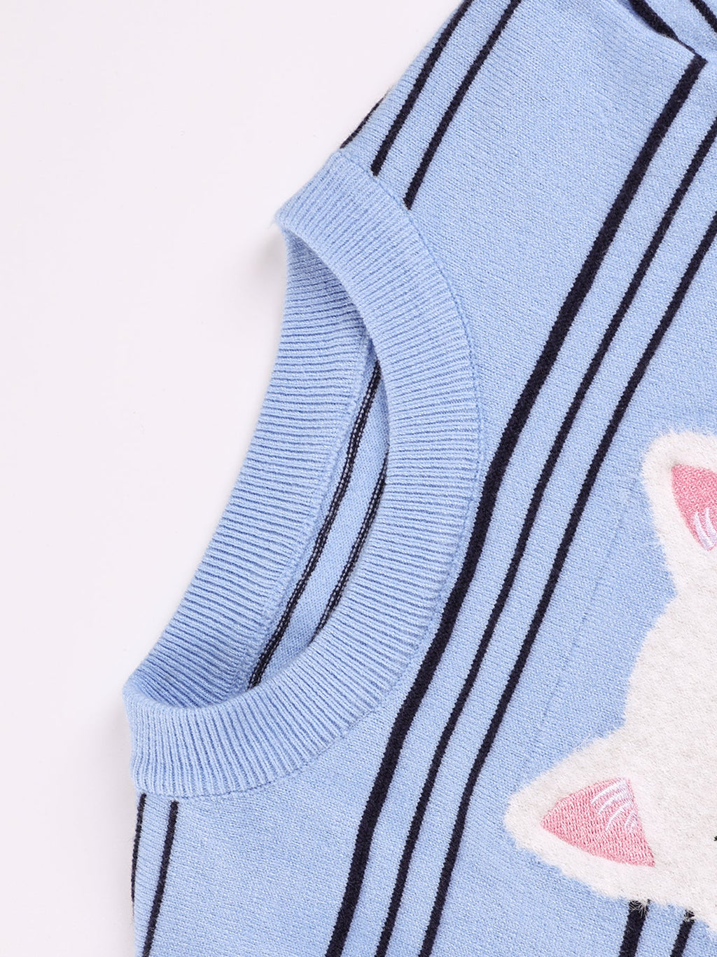Girls Cartoon Cat Knit Top Short Sleeve Blue Tee