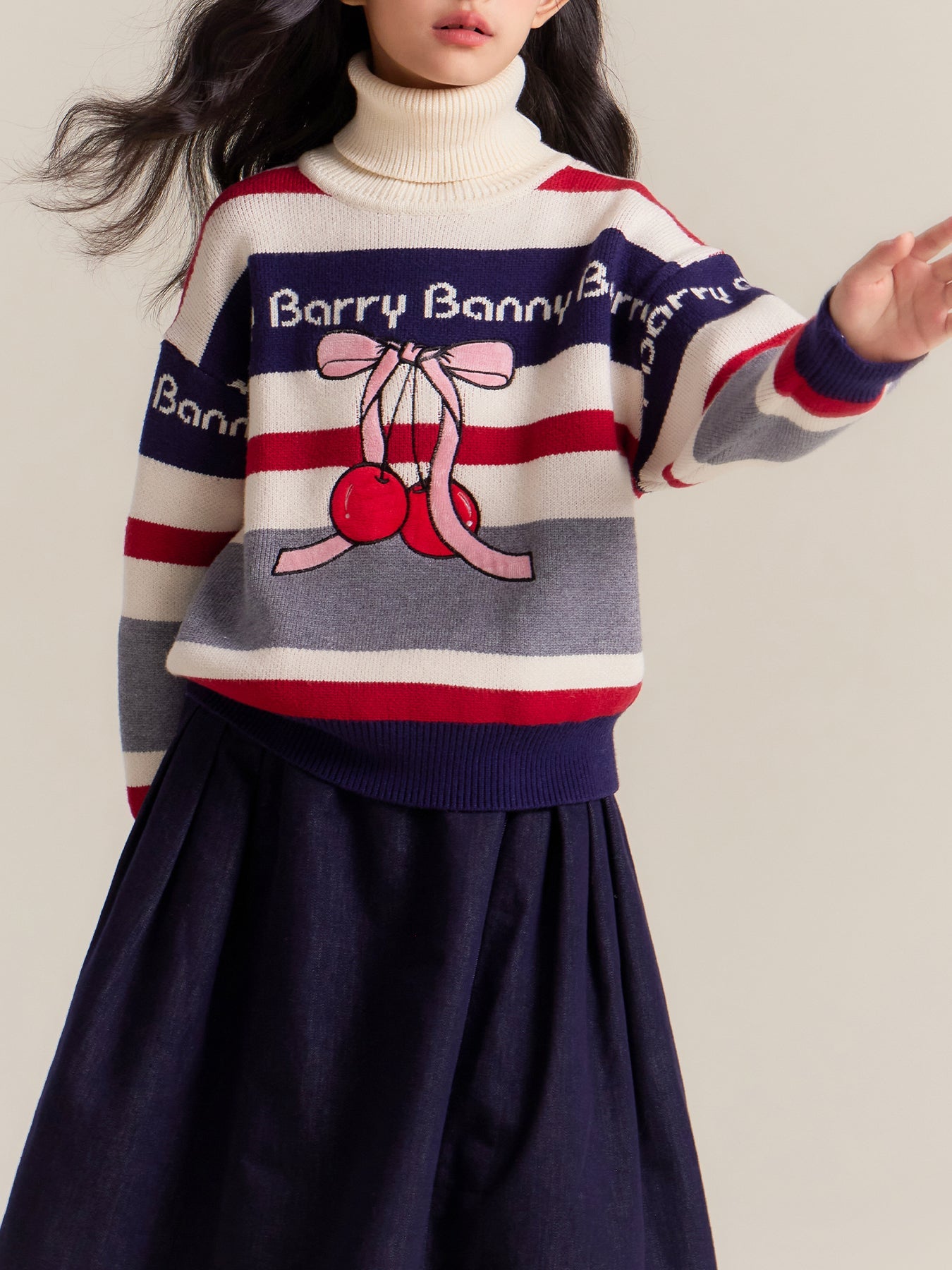 Girls Turtleneck Striped Sweater with Cherry Design