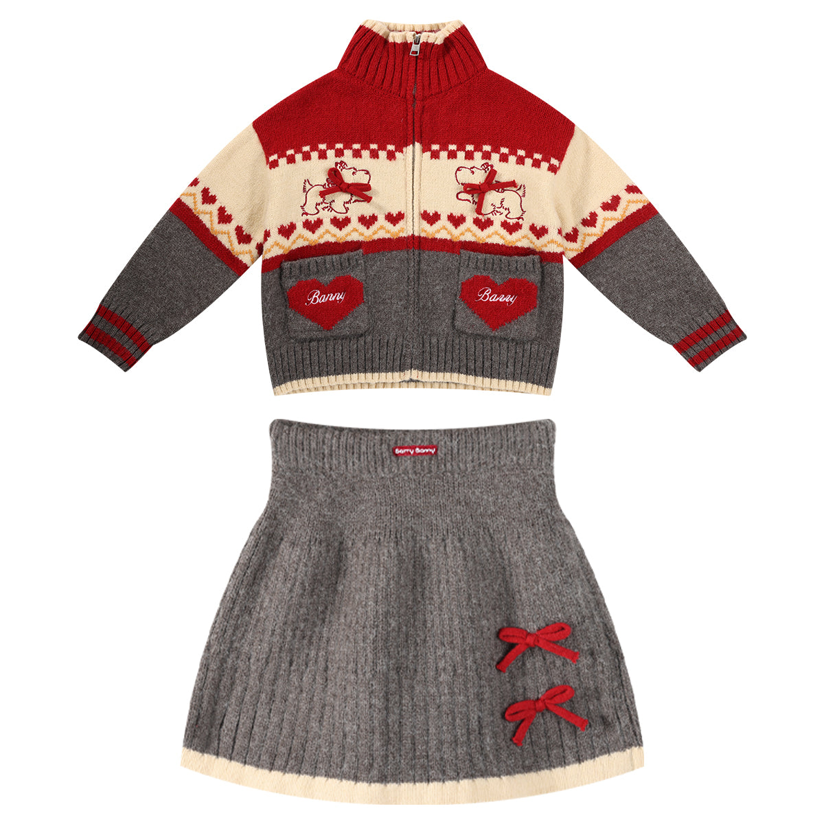 Kids' Cozy Knit Cardigan and Skirt Set with High Collar