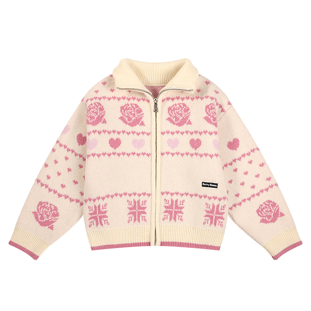 Girls’ Floral Knit Zip-Up Sweater - Cozy & Cute Cardigan