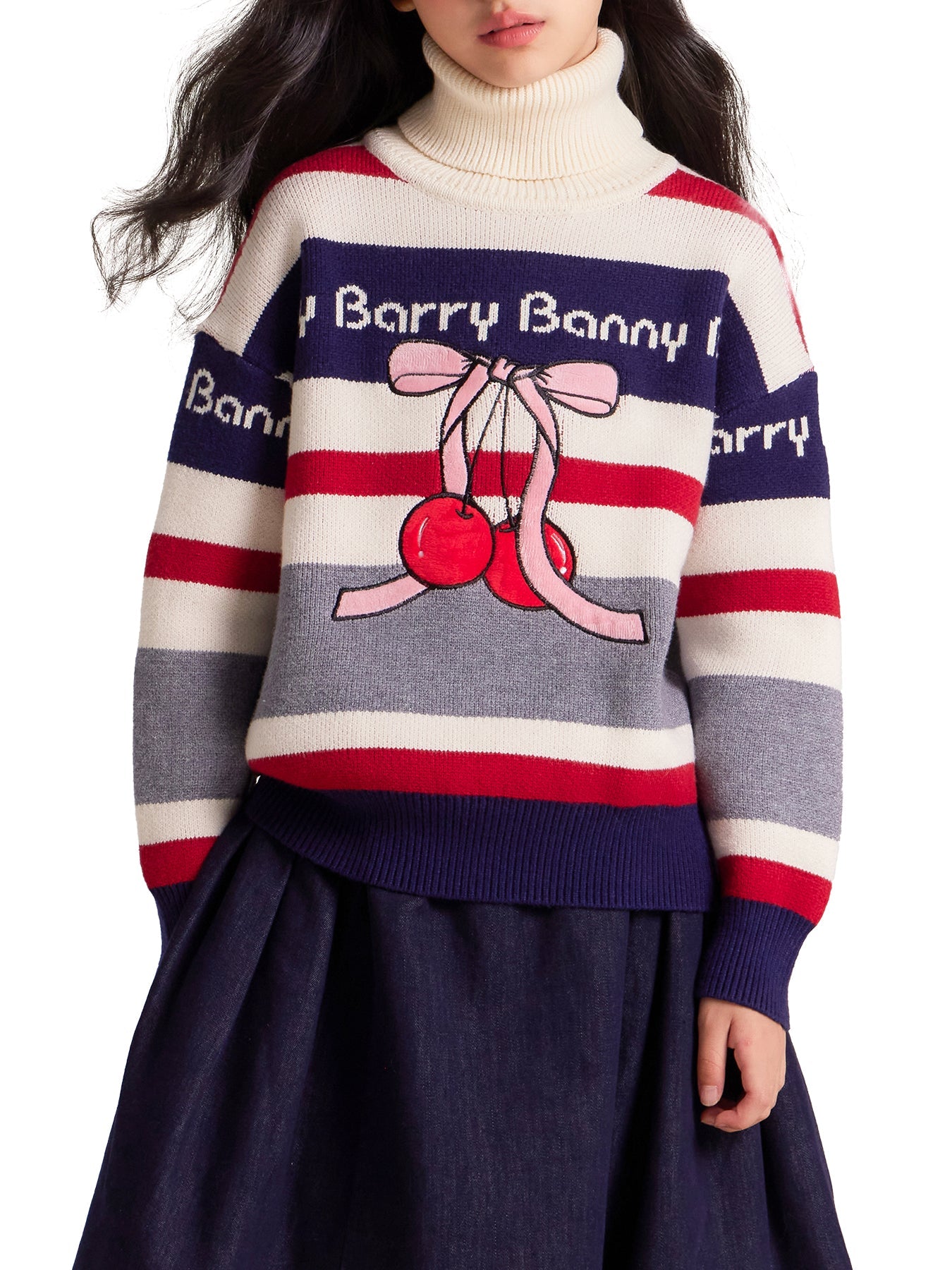 Girls Turtleneck Striped Sweater with Cherry Design