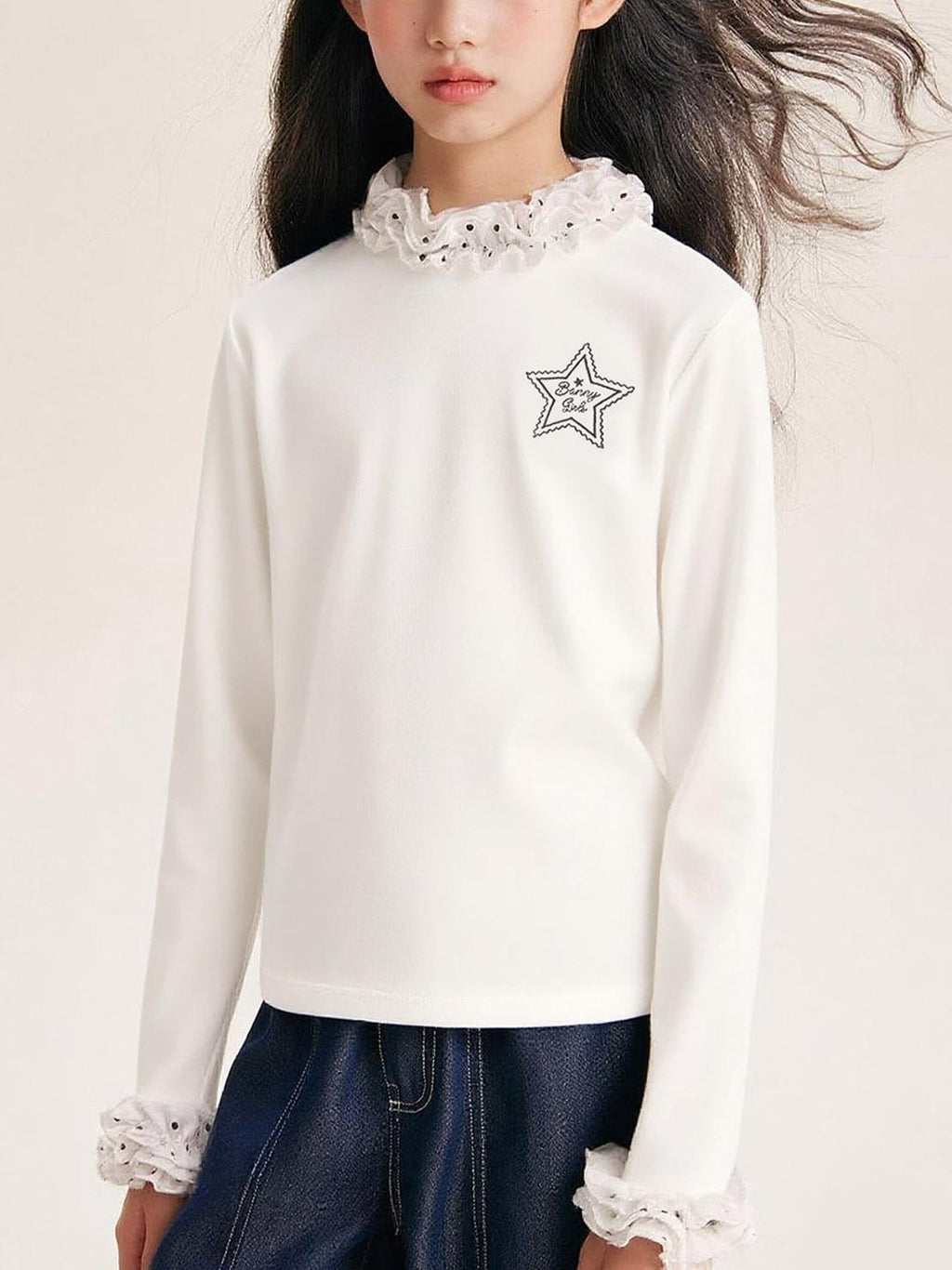 Girls Ruffle Collar Long Sleeve Cotton Blend Top