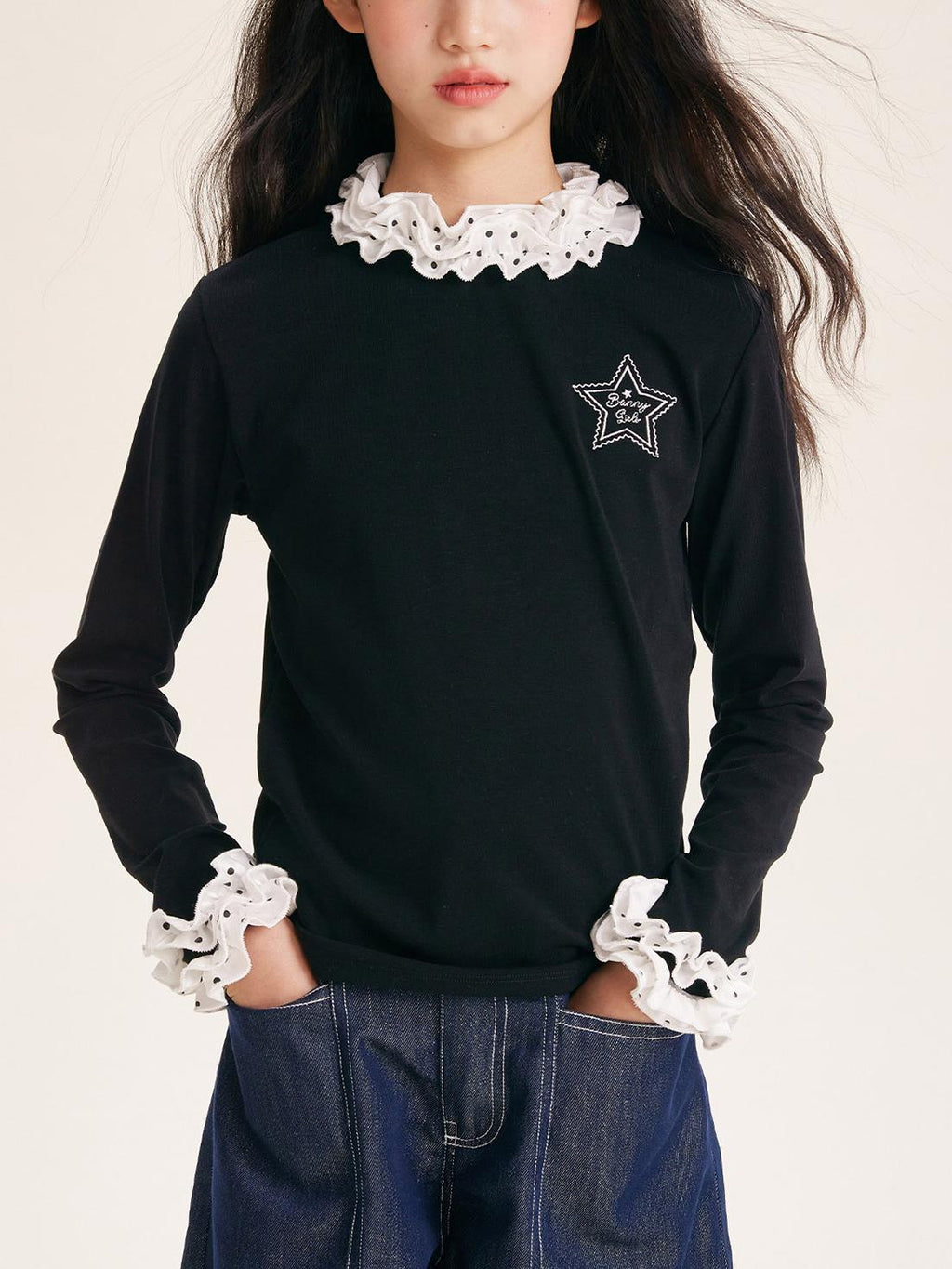 Girls Ruffle Collar Long Sleeve Cotton Blend Top
