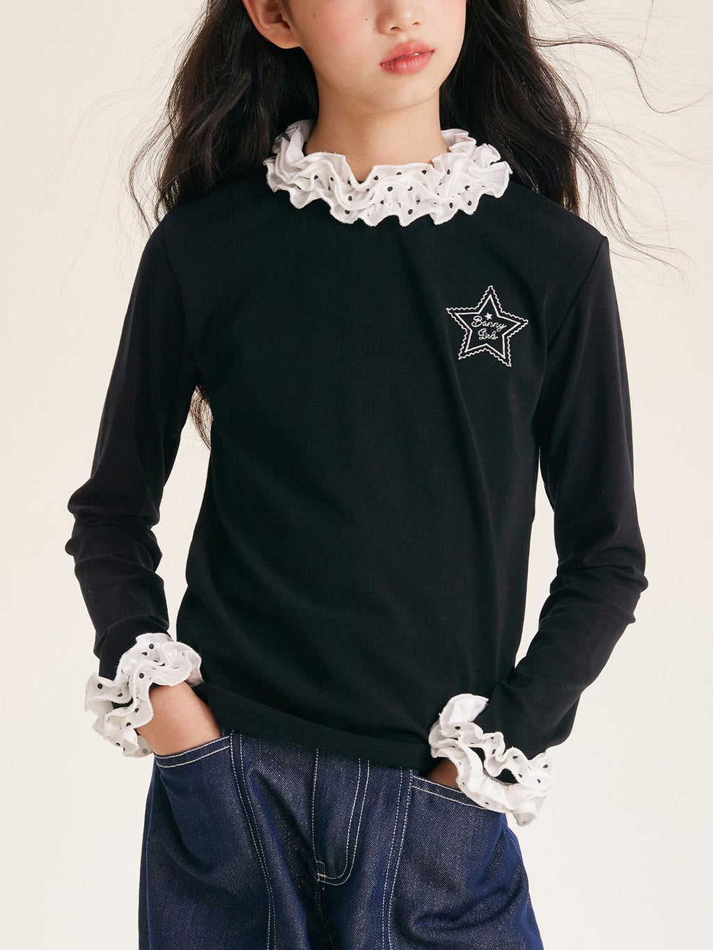 Girls Ruffle Collar Long Sleeve Cotton Blend Top