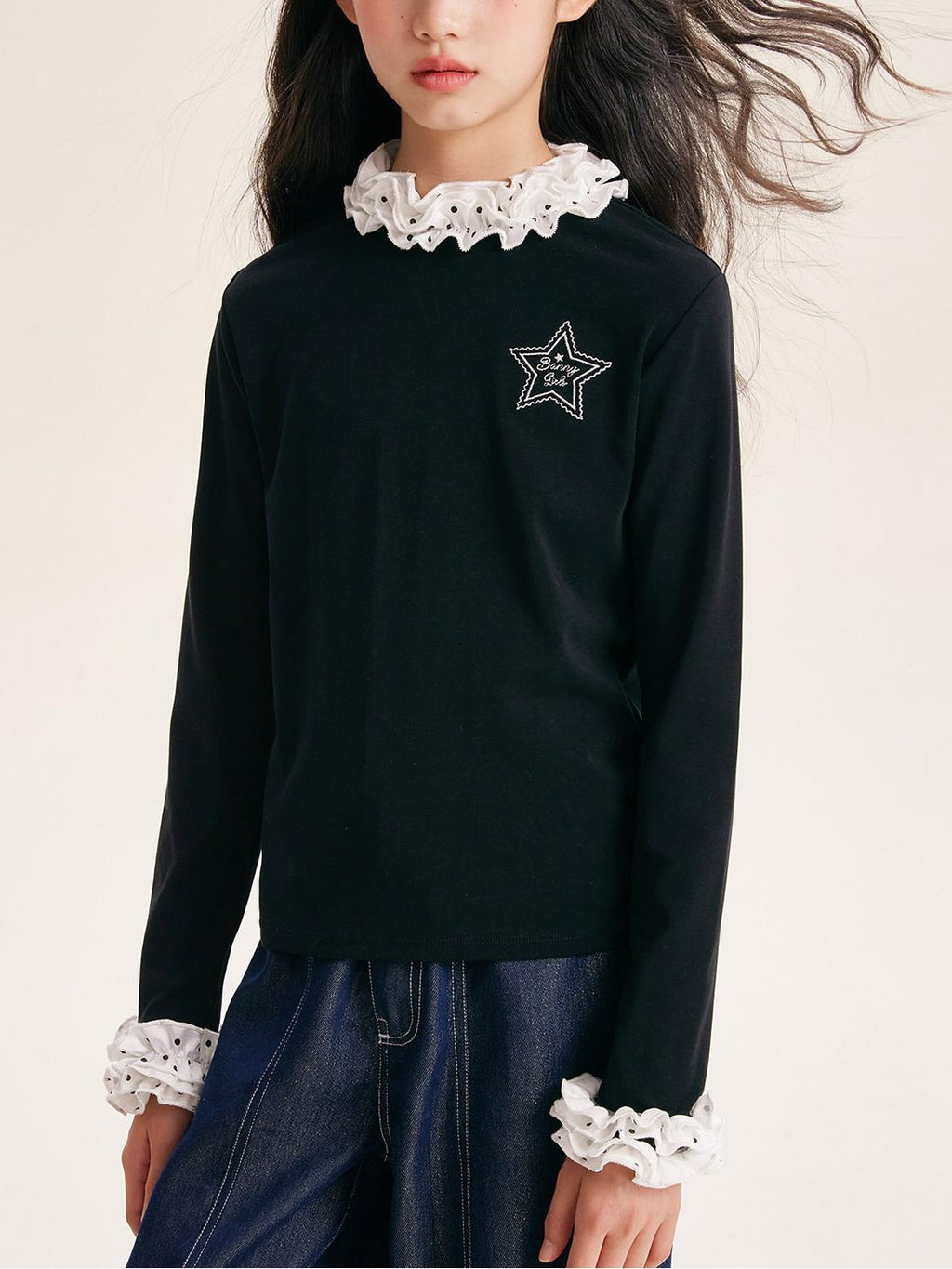 Girls Ruffle Collar Long Sleeve Cotton Blend Top
