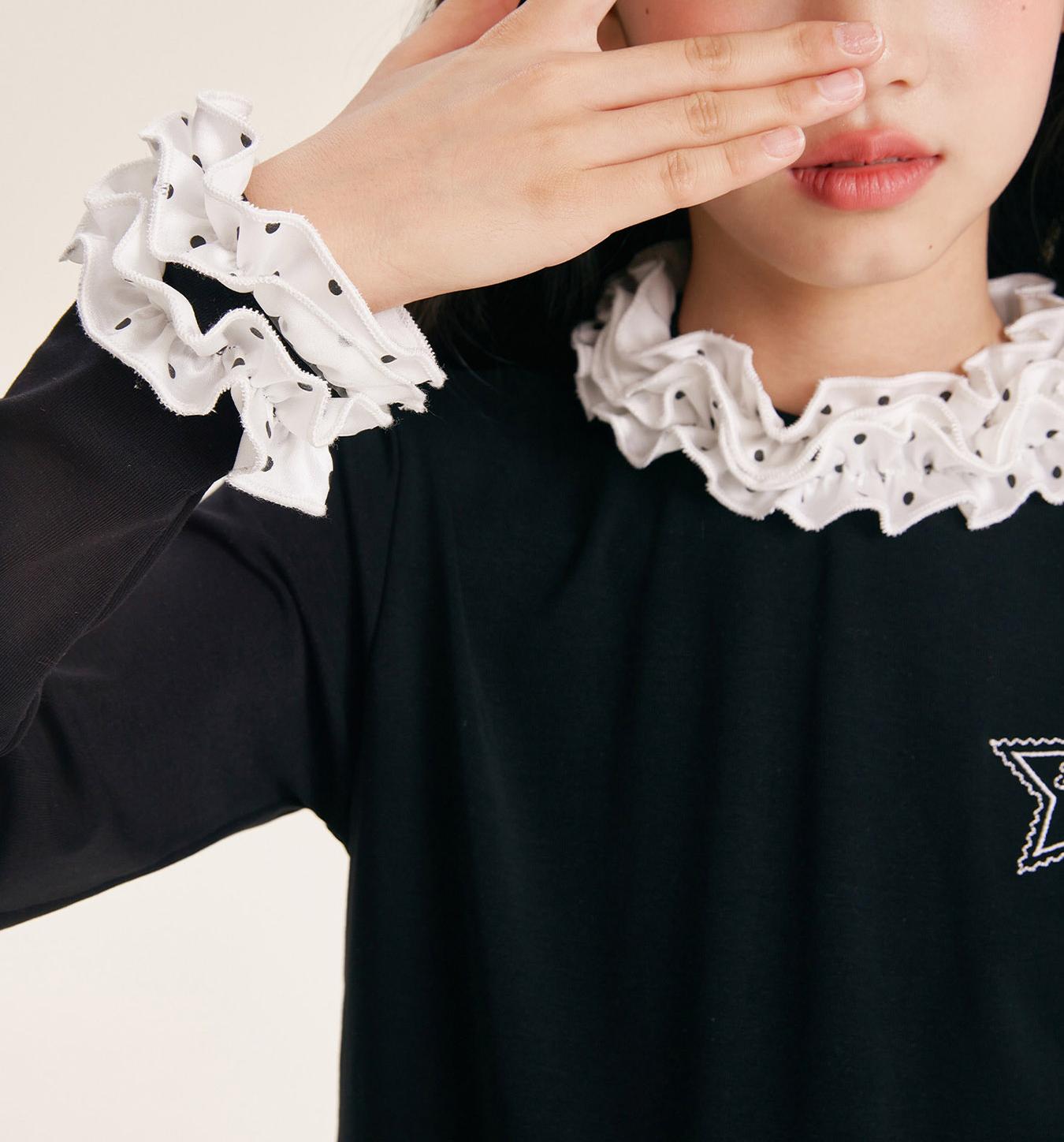 Girls Ruffle Collar Long Sleeve Cotton Blend Top