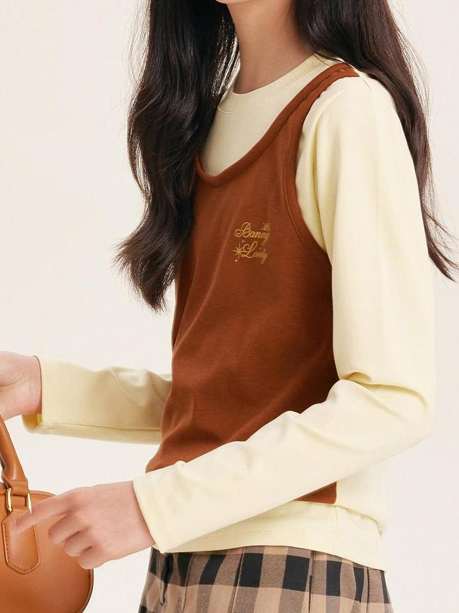 Girls Layered Look Long Sleeve Top Faux Two Piece