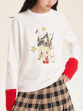 Girls Cartoon Print Color Block Long Sleeve Sweater