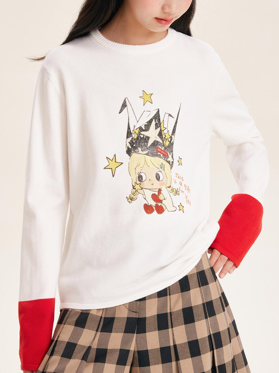 Girls Cartoon Print Color Block Long Sleeve Sweater