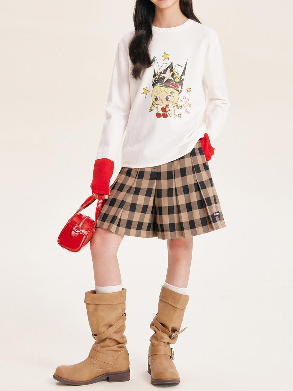 Girls Cartoon Print Color Block Long Sleeve Sweater
