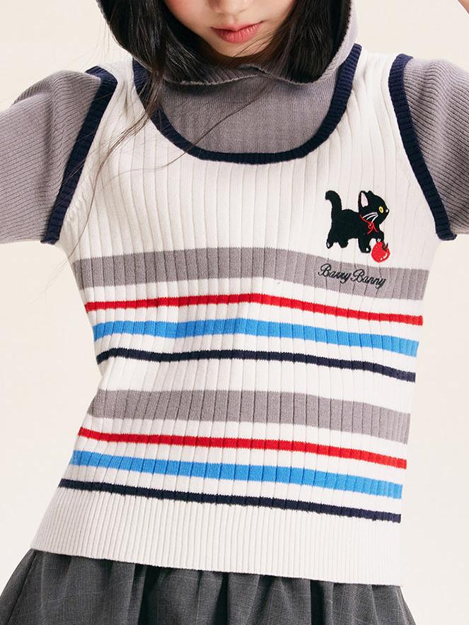 Girls Striped Knit Vest Faux Two-Piece Hoodie Top
