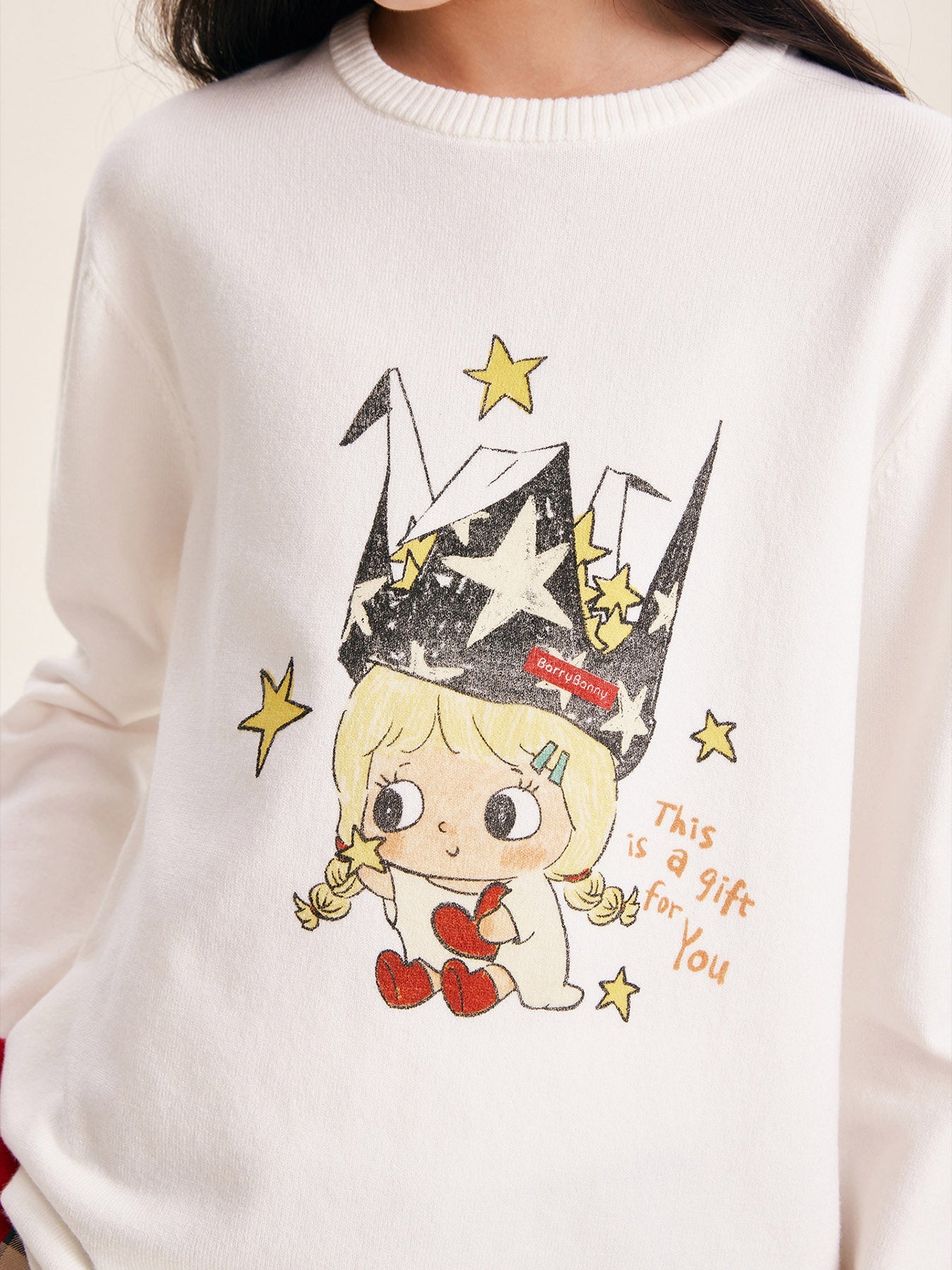 Girls Cartoon Print Color Block Long Sleeve Sweater