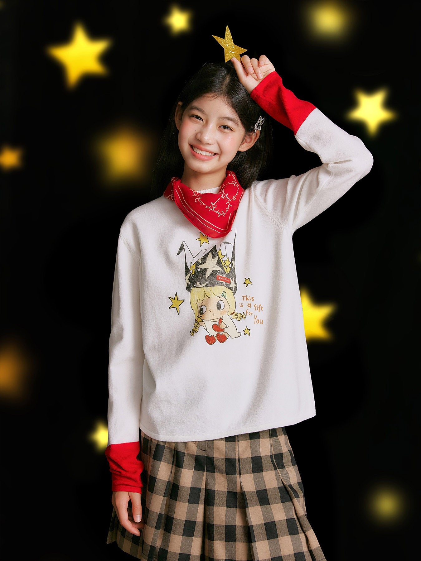 Girls Cartoon Print Color Block Long Sleeve Sweater