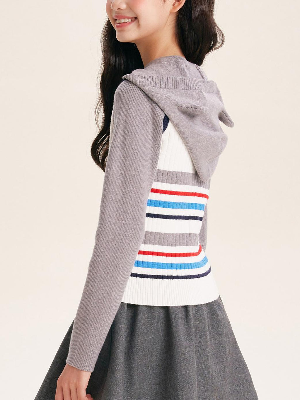Girls Striped Knit Vest Faux Two-Piece Hoodie Top