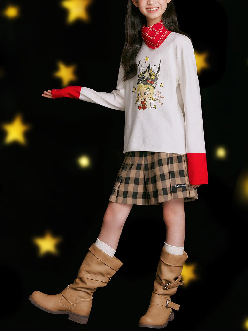 Girls Cartoon Print Color Block Long Sleeve Sweater