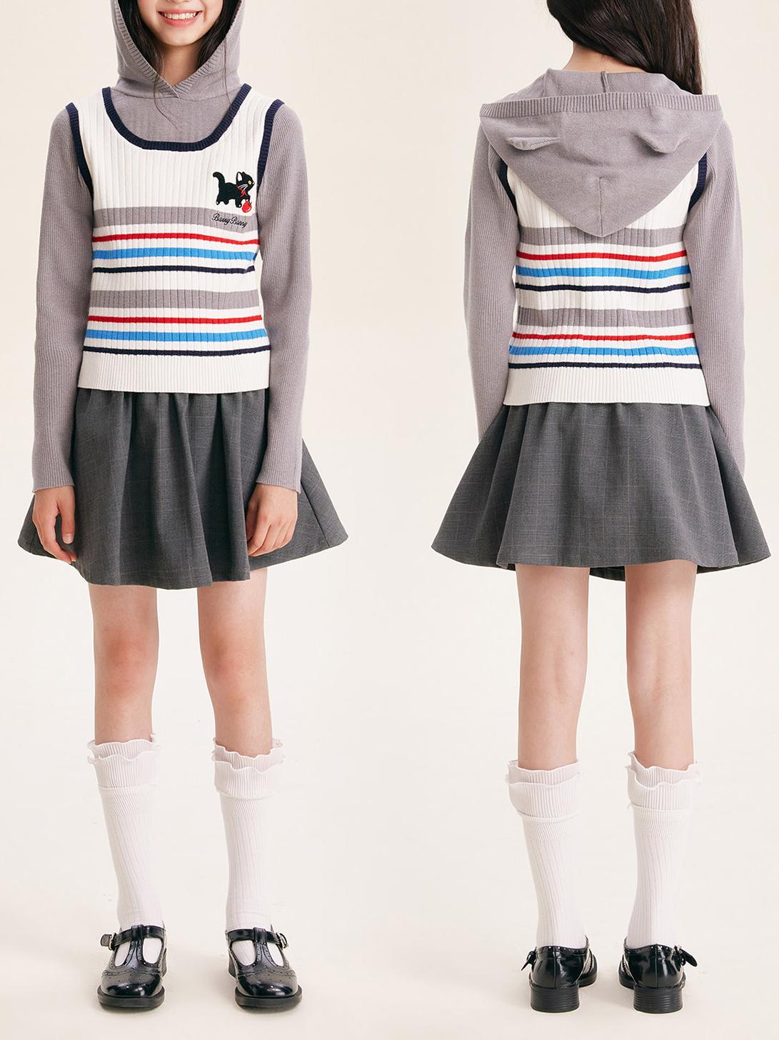 Girls Striped Knit Vest Faux Two-Piece Hoodie Top