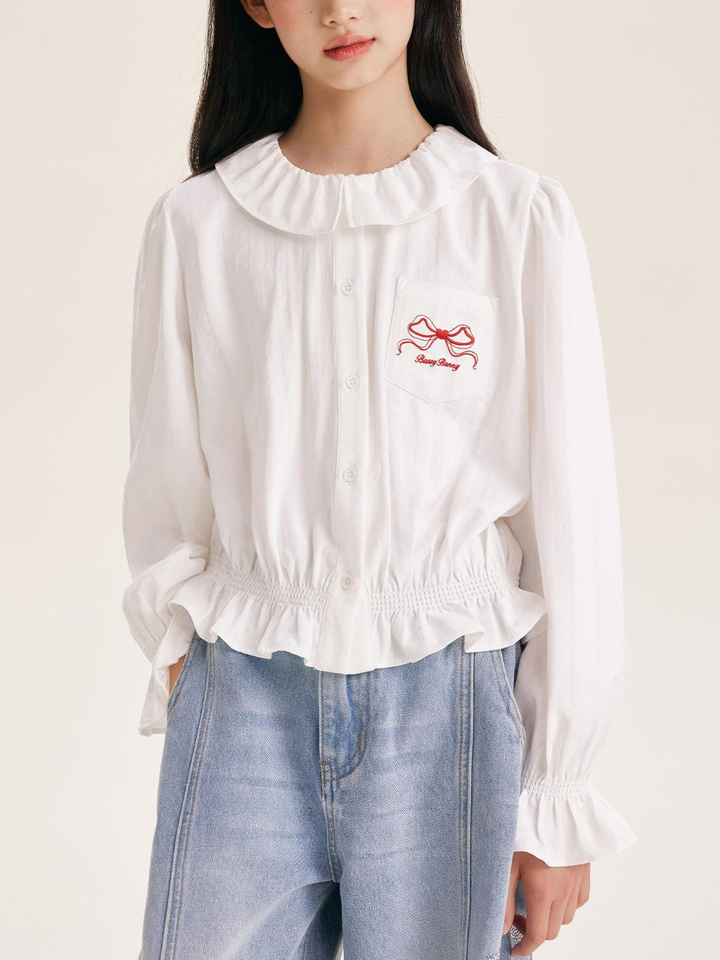 Girls' Cute Ruffle Collar Blouse with Embroidered Bow Detail
