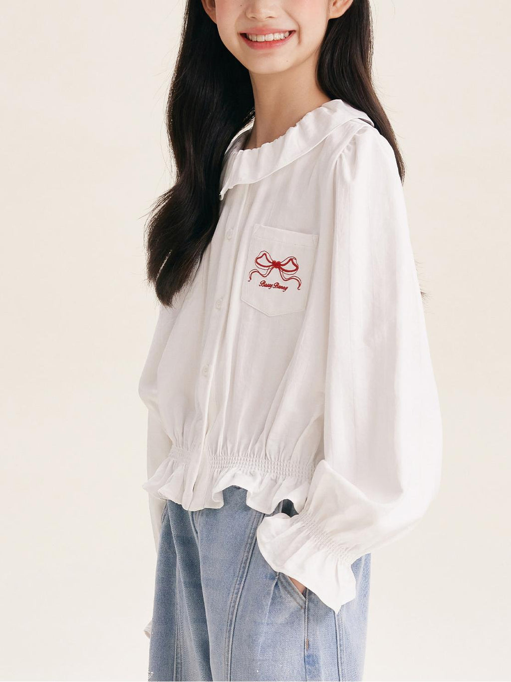 Girls' Cute Ruffle Collar Blouse with Embroidered Bow Detail