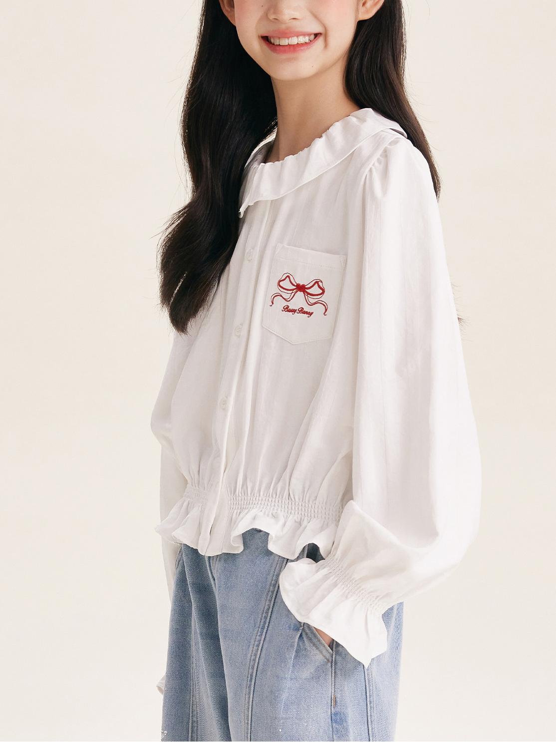 Girls' Cute Ruffle Collar Blouse with Embroidered Bow Detail