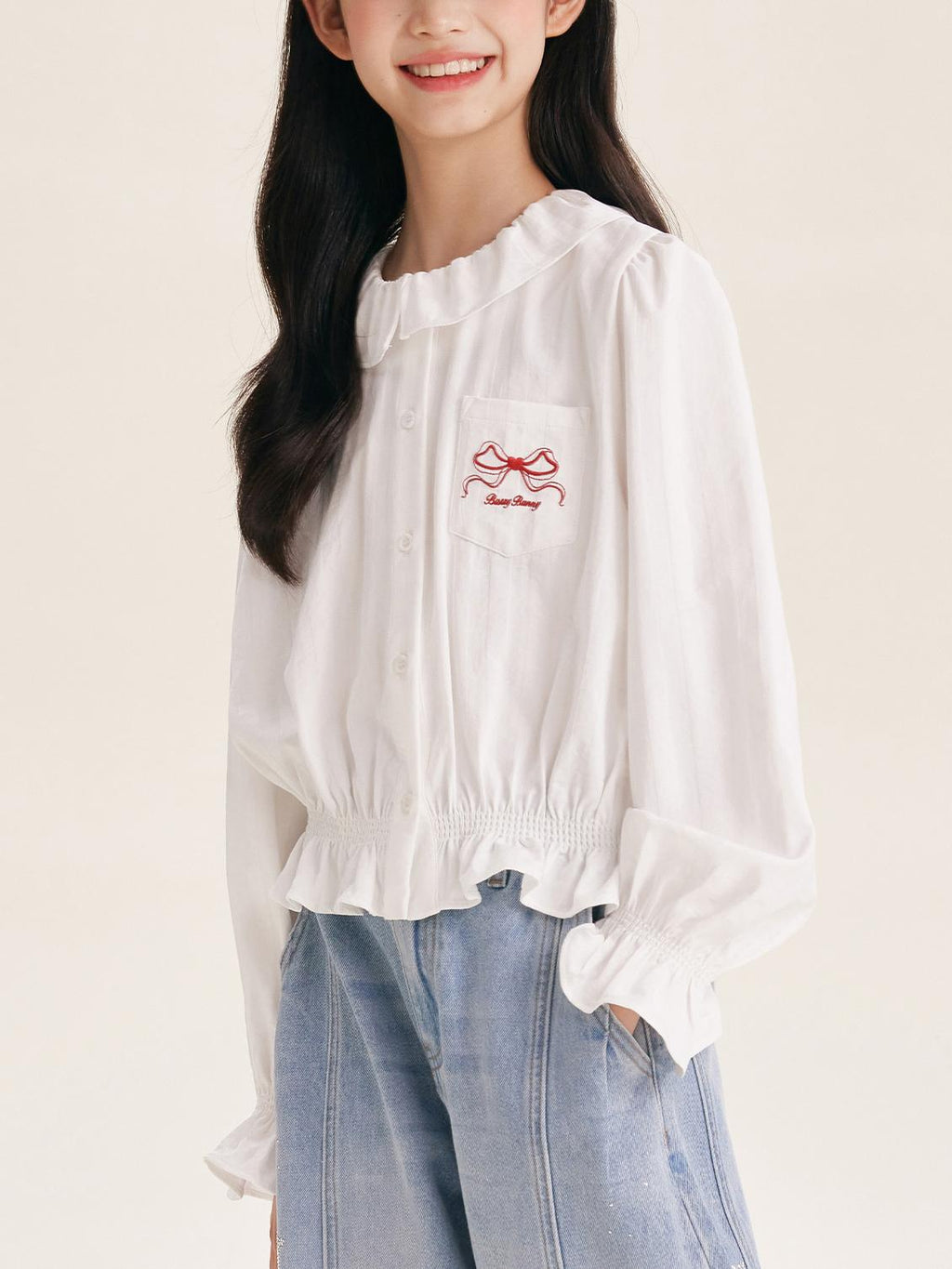 Girls' Cute Ruffle Collar Blouse with Embroidered Bow Detail