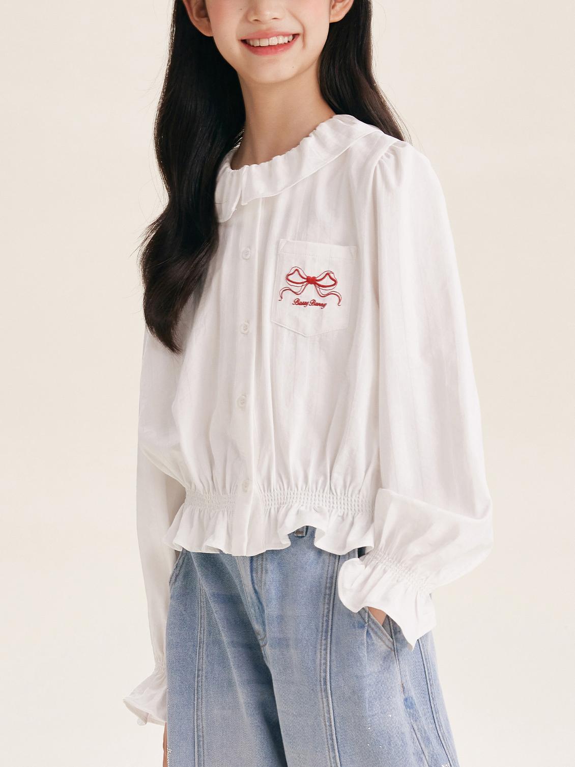Girls' Cute Ruffle Collar Blouse with Embroidered Bow Detail