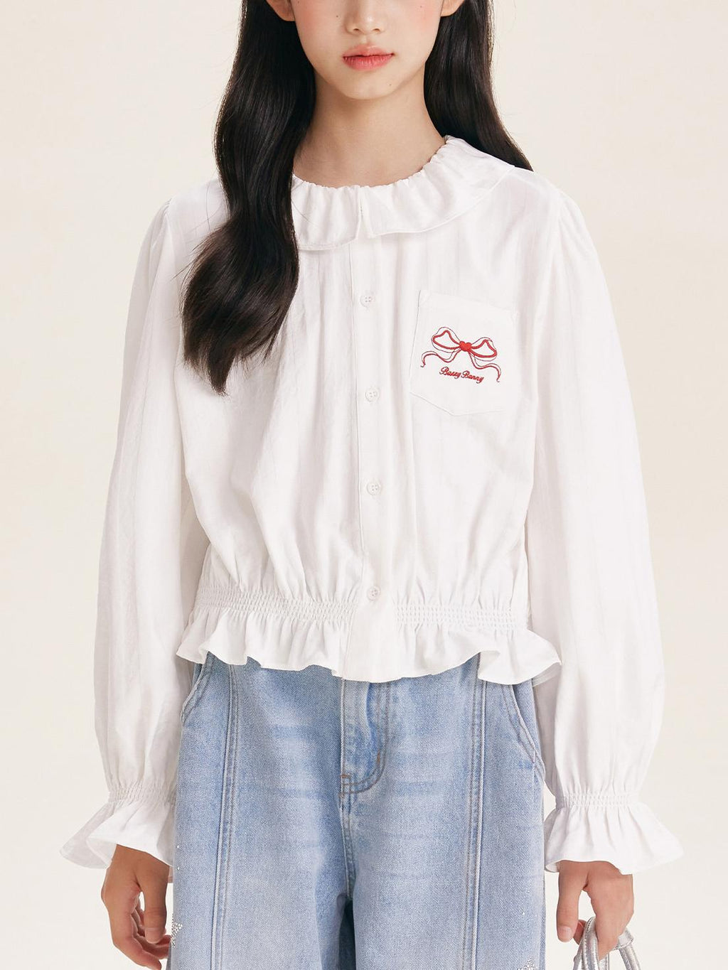Girls' Cute Ruffle Collar Blouse with Embroidered Bow Detail