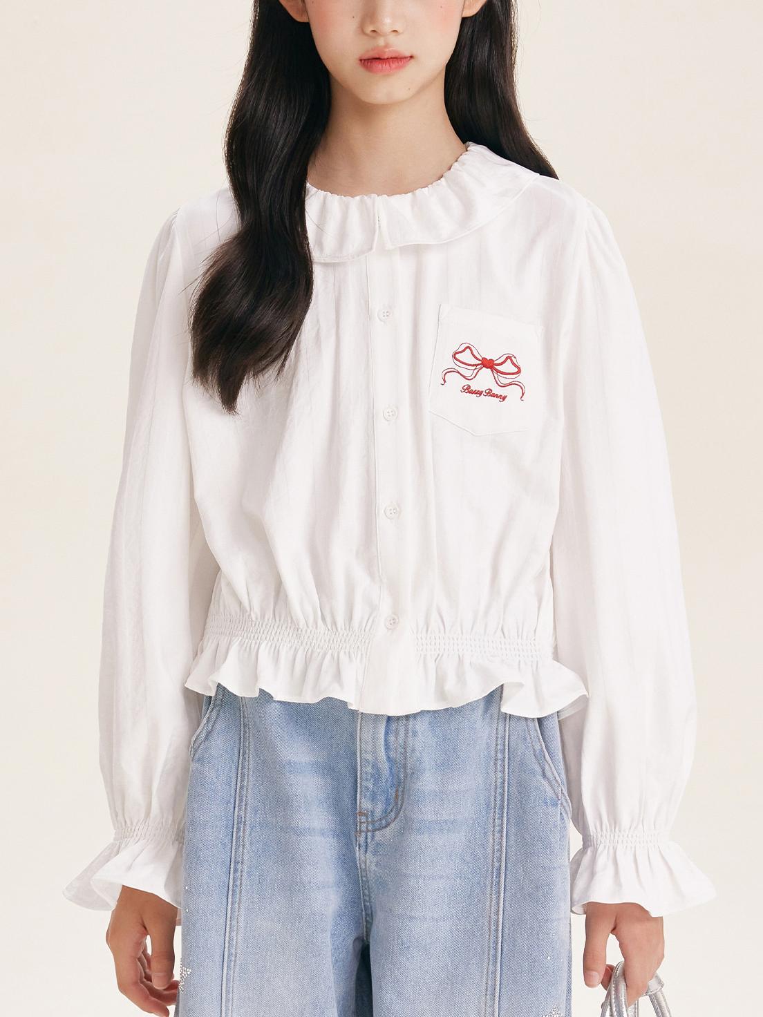 Girls' Cute Ruffle Collar Blouse with Embroidered Bow Detail