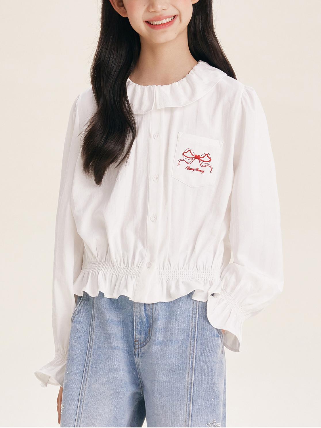 Girls' Cute Ruffle Collar Blouse with Embroidered Bow Detail