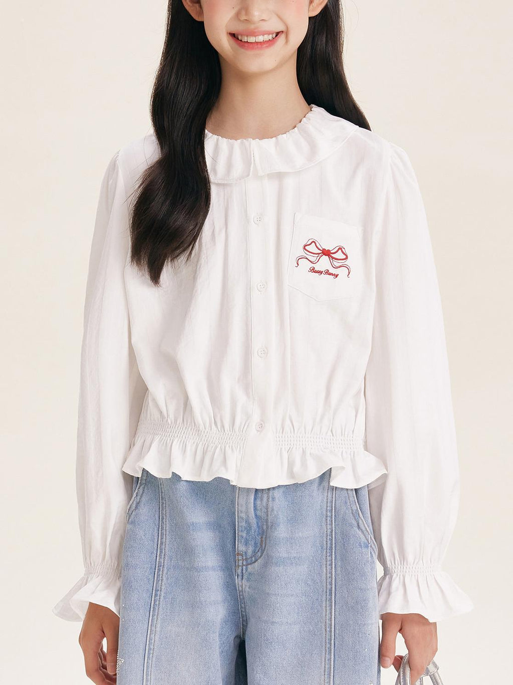 Girls' Cute Ruffle Collar Blouse with Embroidered Bow Detail