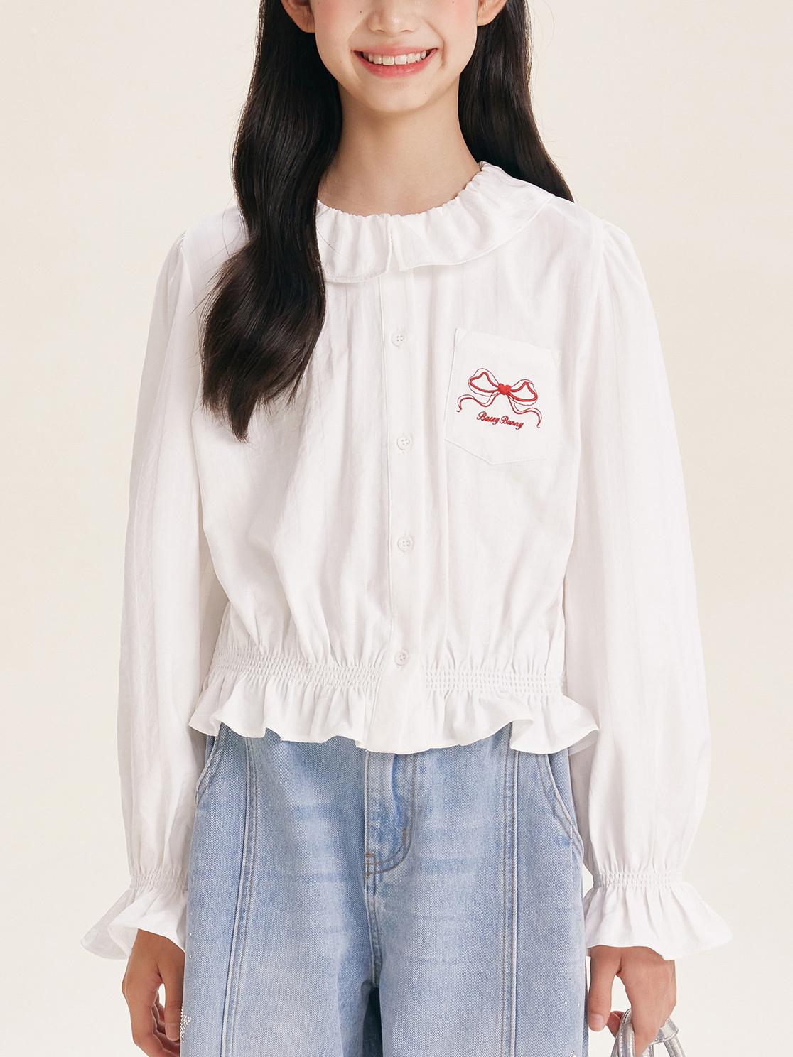 Girls' Cute Ruffle Collar Blouse with Embroidered Bow Detail