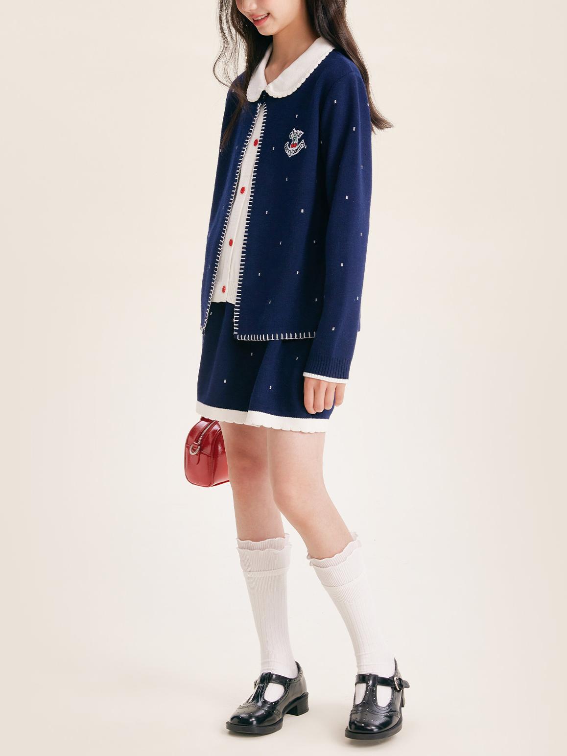 Girls Navy Knit Set with Peter Pan Collar
