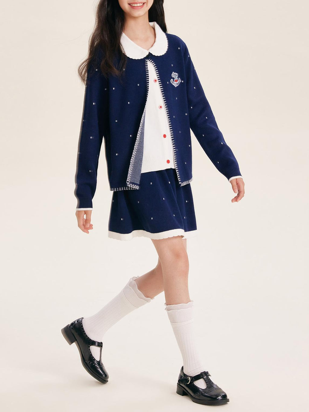 Girls Navy Knit Set with Peter Pan Collar