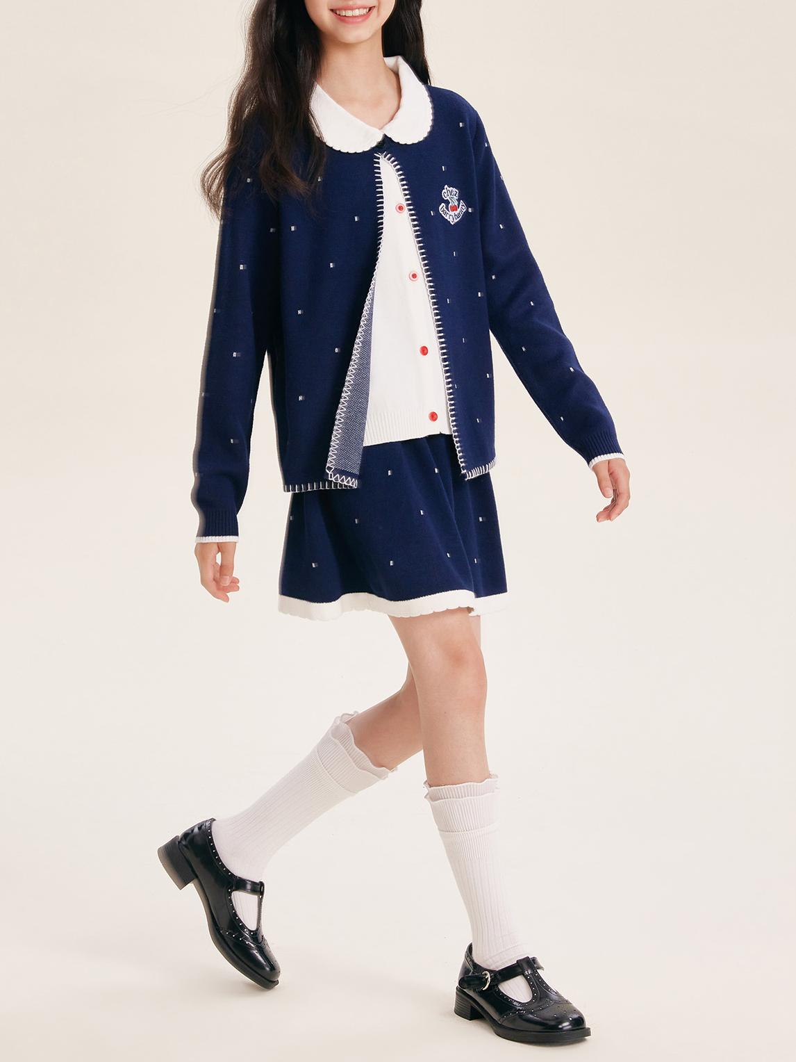 Girls Navy Knit Set with Peter Pan Collar