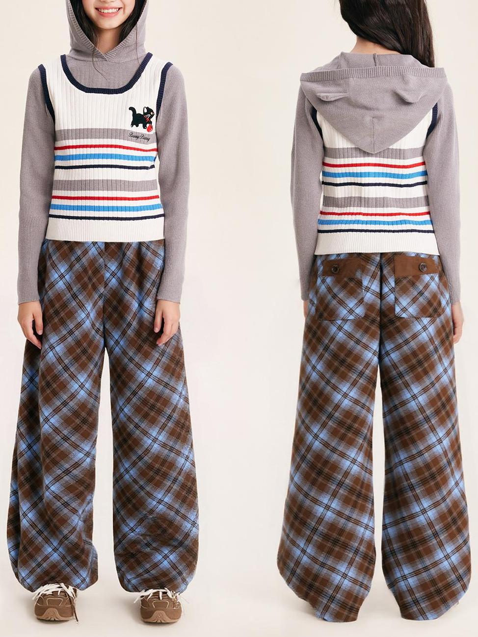 Girls Striped Knit Vest Faux Two-Piece Hoodie Top