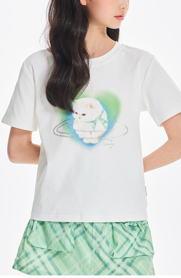 Girls White Cat Print Graphic Short Sleeve T Shirt
