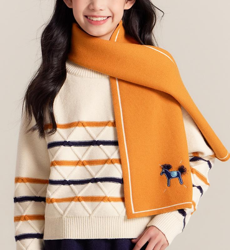 Kids Yellow Knit Scarf with Horse Embroidery Winter Wrap