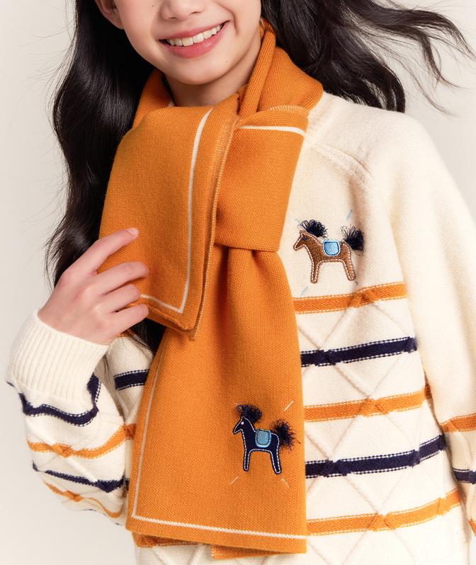 Kids Yellow Knit Scarf with Horse Embroidery Winter Wrap