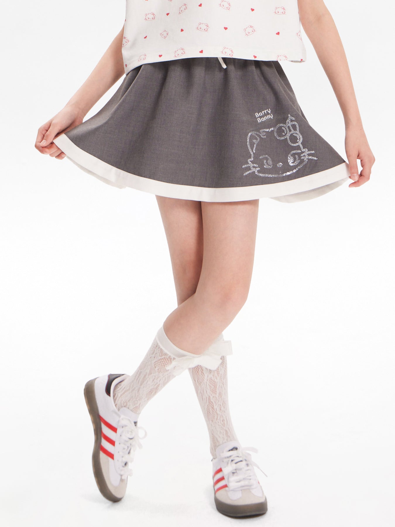 Girls Cat Print Ruffle Hem Skirt with Shorts