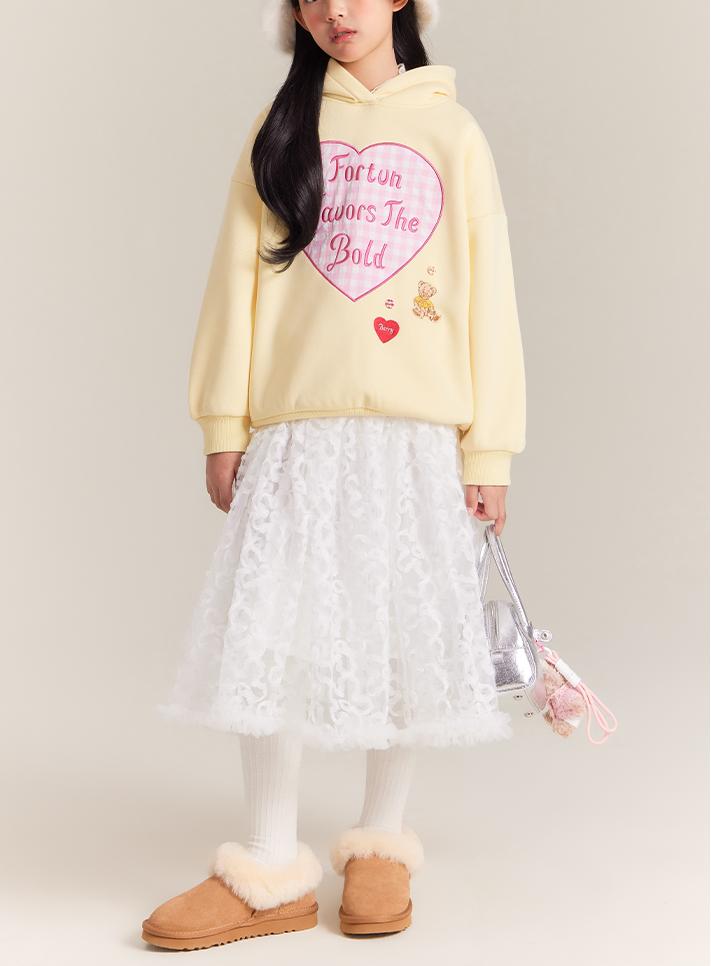 Girls Yellow Fleece Lined Hoodie with Heart Graphic Print
