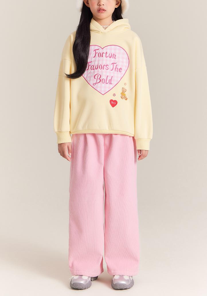 Girls Yellow Fleece Lined Hoodie with Heart Graphic Print