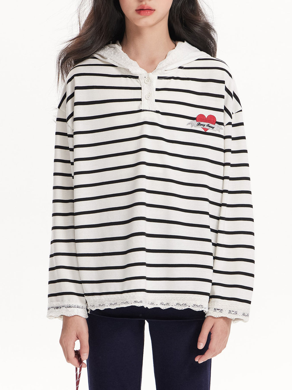 Heart Striped Hoodie with Lace Detail - Girls' Classic T-Shirt