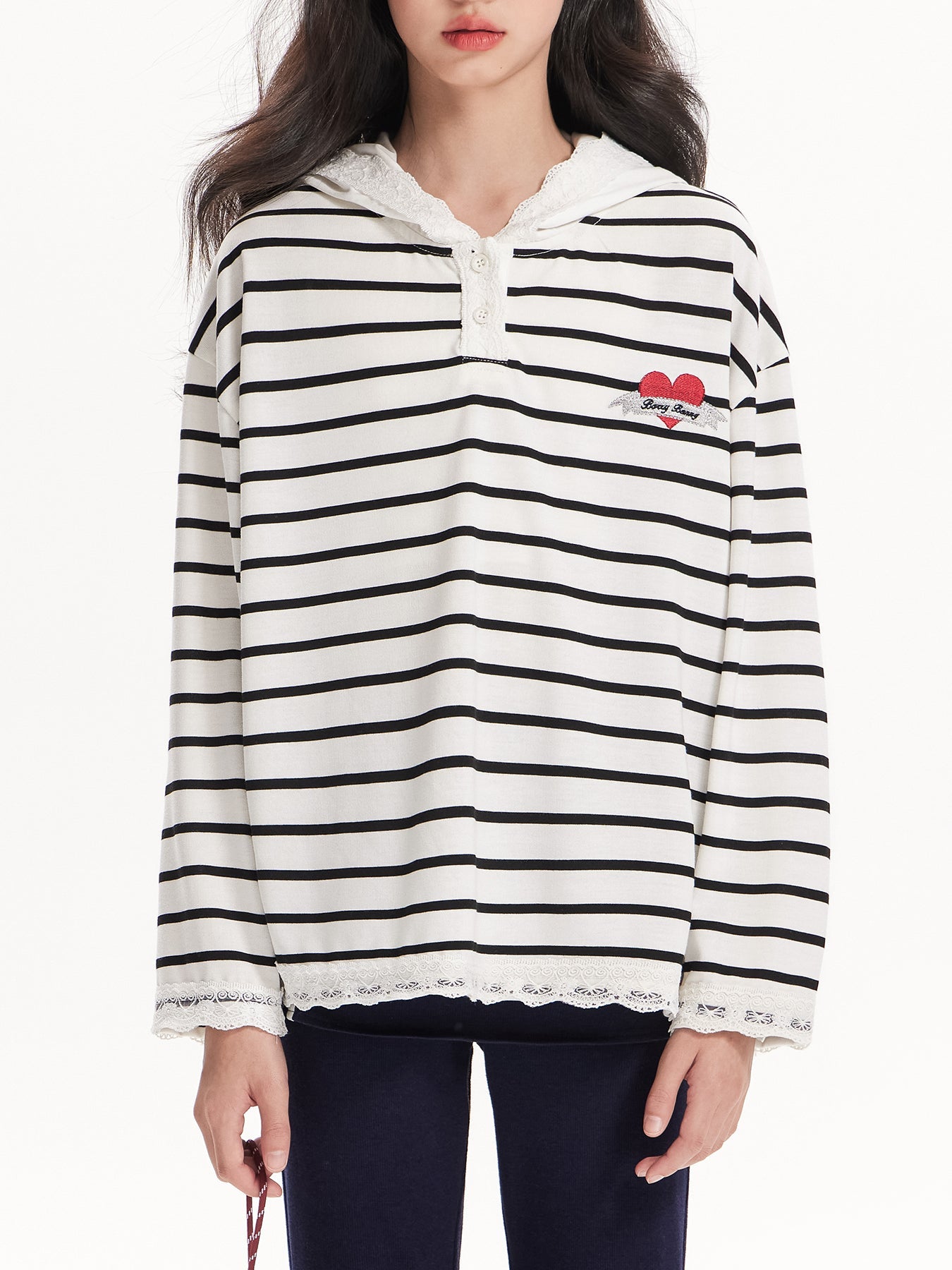 Heart Striped Hoodie with Lace Detail - Girls' Classic T-Shirt