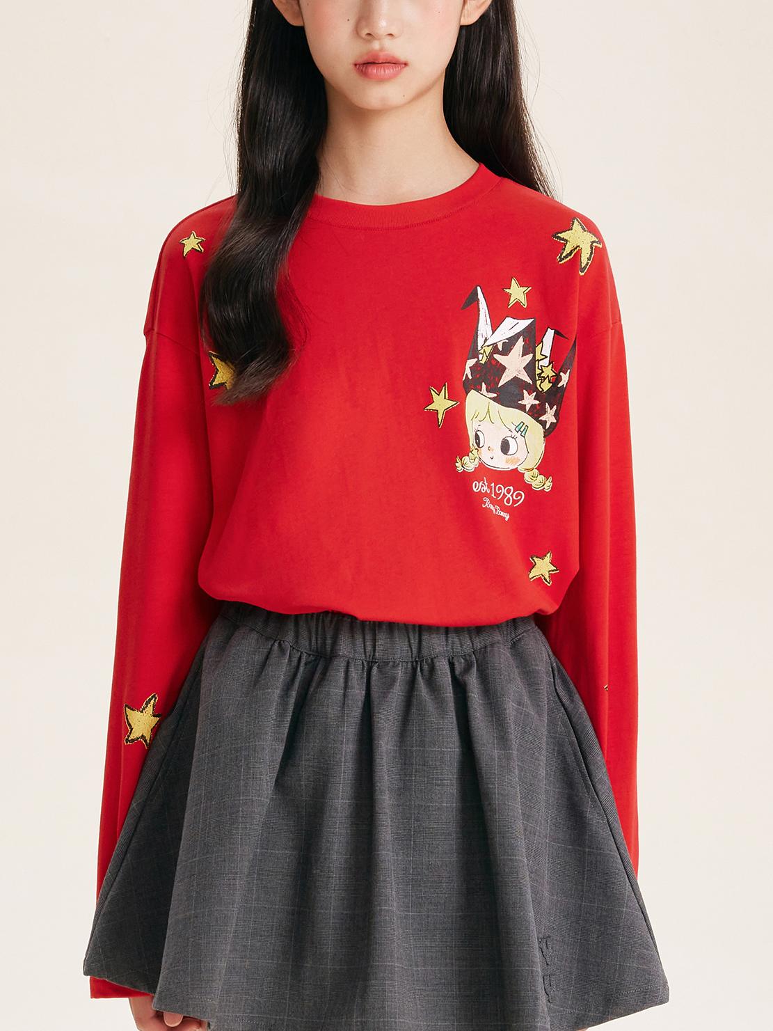 Girls Red Pullover Crewneck Cotton Long Sleeve Top