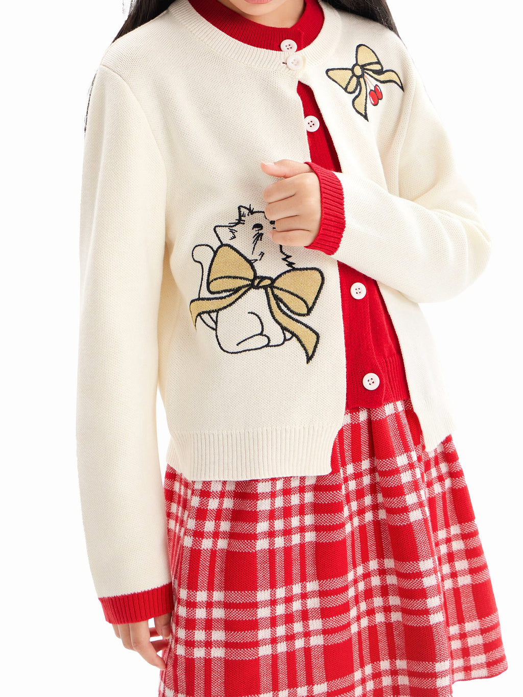 Charming Cat Knitted Cardigan & Red Plaid Pleated Skirt Set for Girls